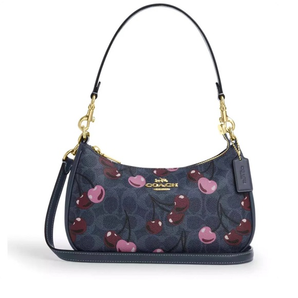 NWT Coach Teri  Blue Denim  Cherry Pattern Shoulder Bag with crossbody strap - Picture 1 of 5